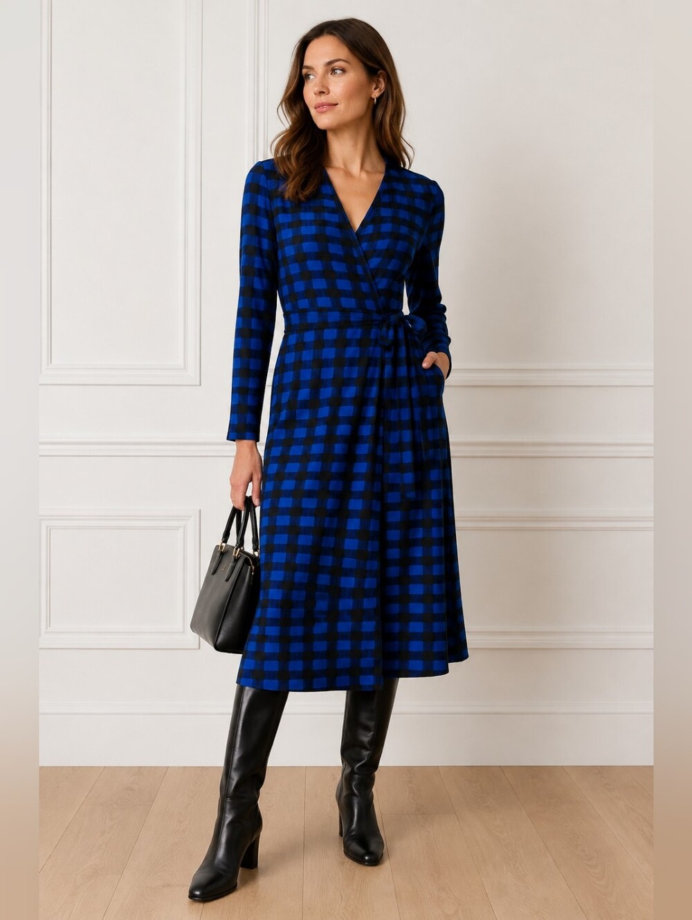 Hugo Boss Women's "Ettay" Plaid Long Sleeve A-Line Stretch Dress US Sz Small*
